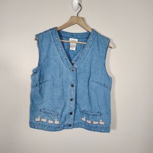 Vtg 90s Denim Vest Embroidered Sheep Flowers Cottagecore Farmhouse Country  L
